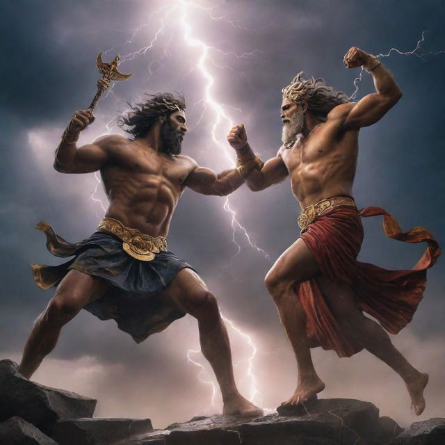 An epic battle scene depicting Greek God Zeus and Hindu God Indra locked in a fierce duel amidst lightning-filled skies.