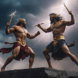 An epic battle scene depicting Greek God Zeus and Hindu God Indra locked in a fierce duel amidst lightning-filled skies.