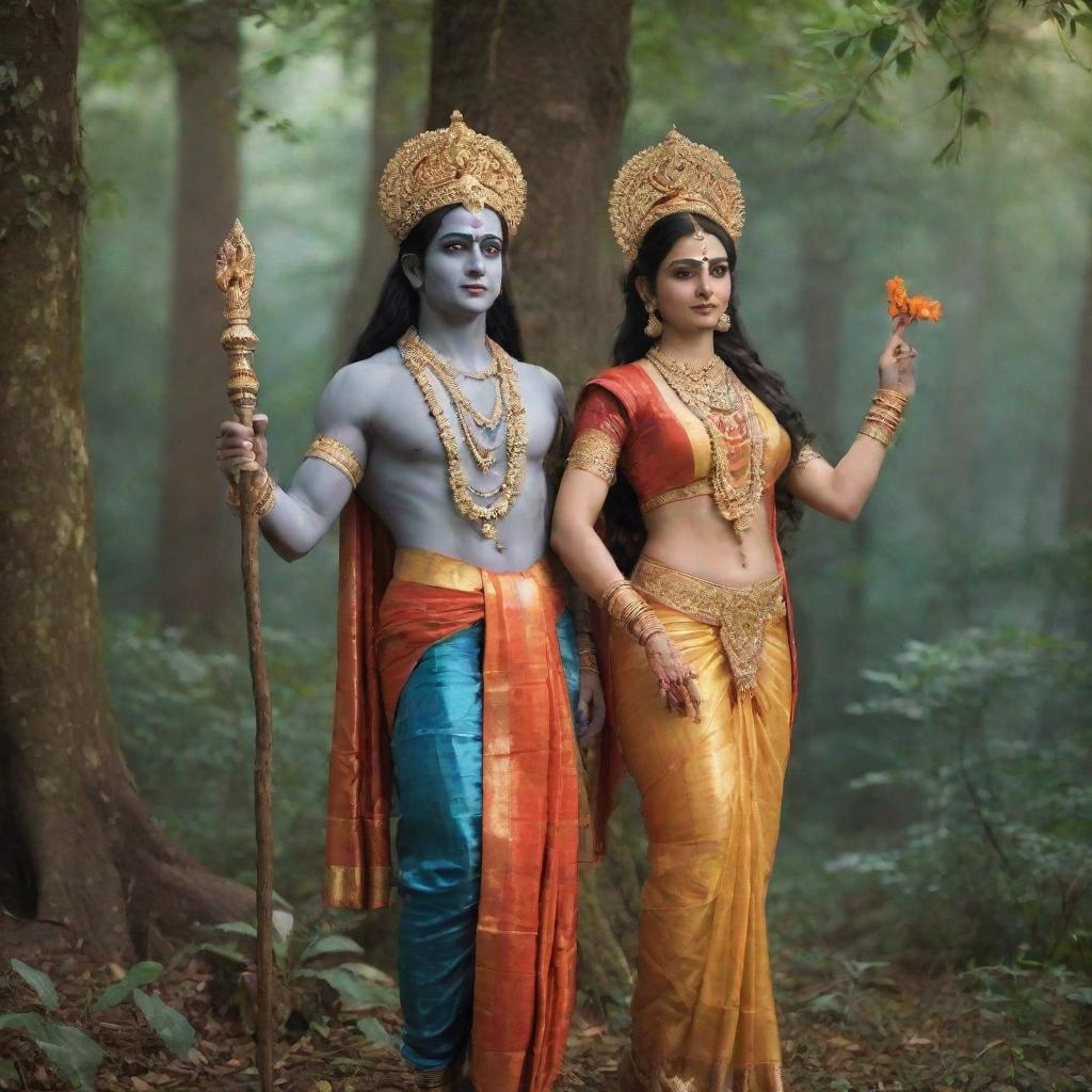 Lord Rama and Goddess Sita, in traditional attire, standing side by side in a serene forest, illustrating their enduring love and companionship.