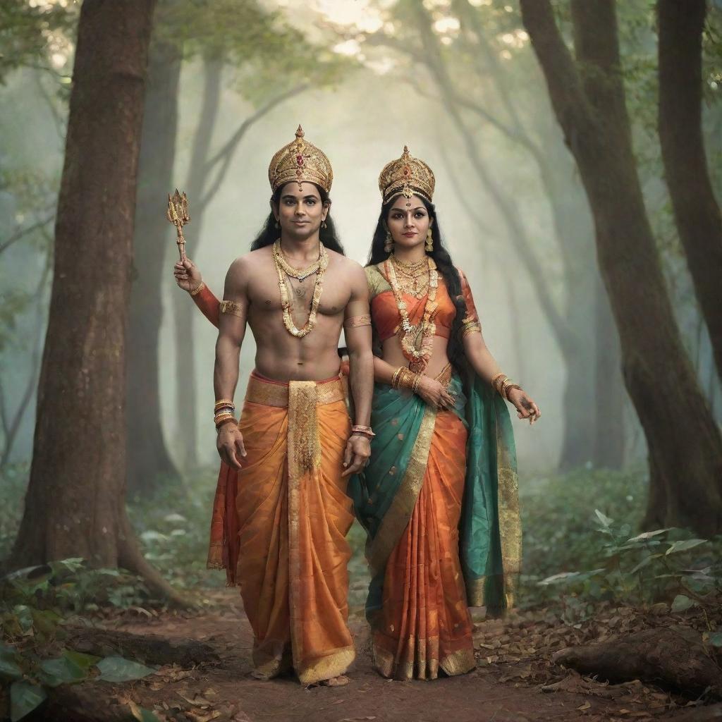 Lord Rama and Goddess Sita, in traditional attire, standing side by side in a serene forest, illustrating their enduring love and companionship.