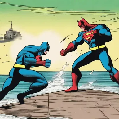 In the comic book, the superhero fights the villain on the pier by the shore.