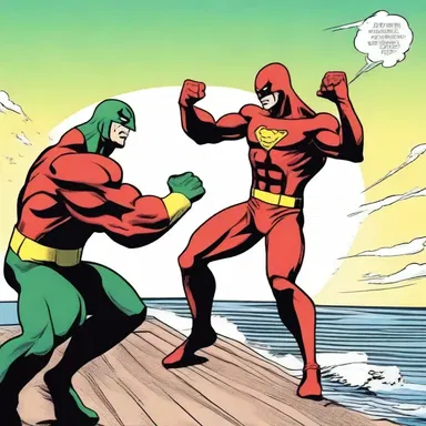 In the comic book, the superhero fights the villain on the pier by the shore.