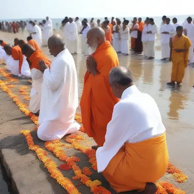 The religious ceremony was held on the pier as devotees offered prayers to the water.