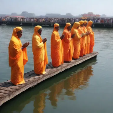 The religious ceremony was held on the pier as devotees offered prayers to the water.