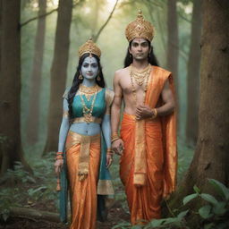 Lord Rama and Goddess Sita, in traditional attire, standing side by side in a serene forest, illustrating their enduring love and companionship.