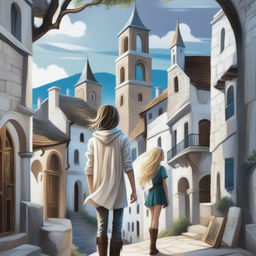 A digital art fantasy book cover for teenagers, featuring an old town on a hill with white stone buildings, narrow streets, and shaded arches