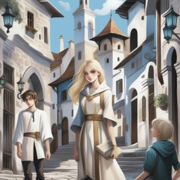 A digital art fantasy book cover for teenagers, featuring an old town on a hill with white stone buildings, narrow streets, and shaded arches