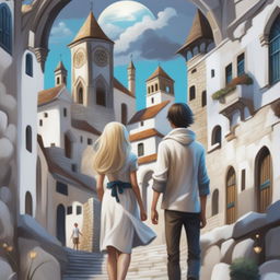 A digital art fantasy book cover for teenagers, featuring an old town on a hill with white stone buildings, narrow streets, and shaded arches