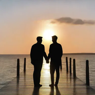 As the sun set over the calm sea, the couple stood hand in hand on the pier, enjoying a romantic moment together.