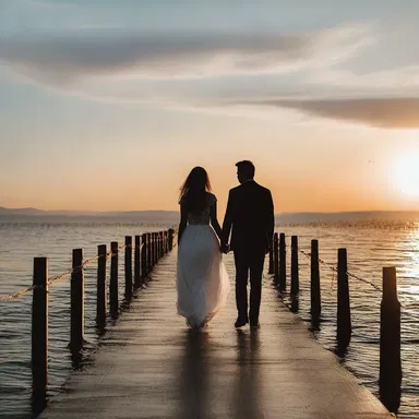 As the sun set over the calm sea, the couple stood hand in hand on the pier, enjoying a romantic moment together.