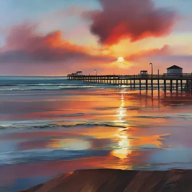 The artist painted a breathtaking seascape, capturing the vibrant colors of the sunset reflecting on the water and the pier in the distance.