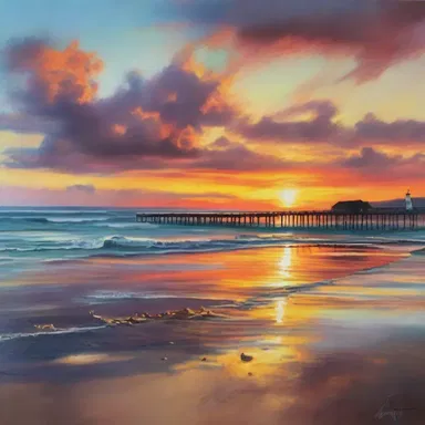 The artist painted a breathtaking seascape, capturing the vibrant colors of the sunset reflecting on the water and the pier in the distance.