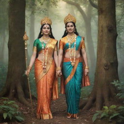 Lord Rama and Goddess Sita, in traditional attire, standing side by side in a serene forest, illustrating their enduring love and companionship.