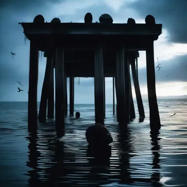 The horror movie had a scene where the protagonist is trapped inside a pier at night, surrounded by mysterious creatures.