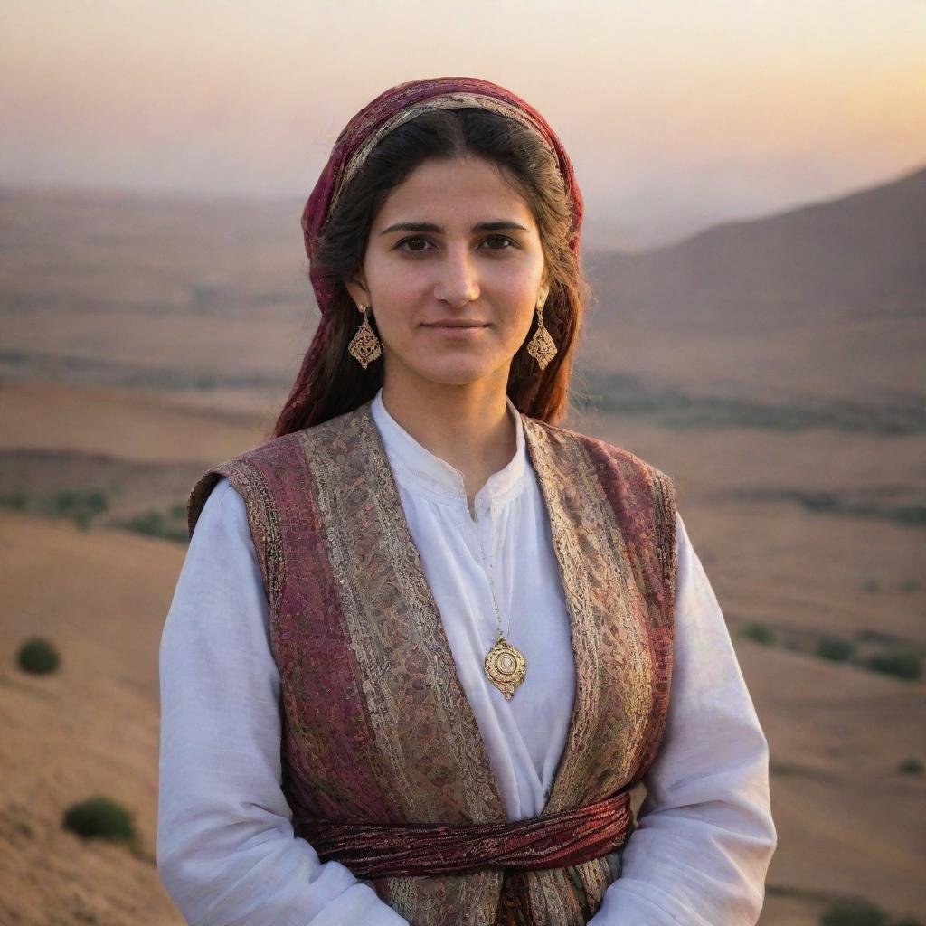 Portrait of a Kurdish woman in traditional attire, with a backdrop of the Mesopotamian landscape at sunset.