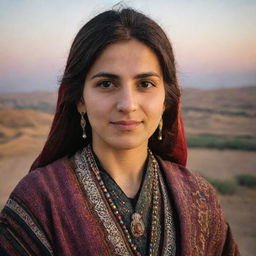 Portrait of a Kurdish woman in traditional attire, with a backdrop of the Mesopotamian landscape at sunset.