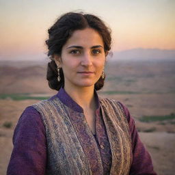 Portrait of a Kurdish woman in traditional attire, with a backdrop of the Mesopotamian landscape at sunset.