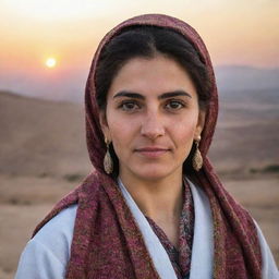 Portrait of a Kurdish woman in traditional attire, with a backdrop of the Mesopotamian landscape at sunset.