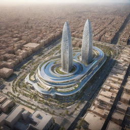 A futuristic Casablanca, Morocco integrated with urban air mobility. Cityscape featuring sustainable, developed architecture and cutting-edge air transport solutions interwoven with traditional Moroccan elements.