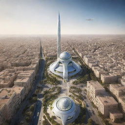 A futuristic Casablanca, Morocco integrated with urban air mobility. Cityscape featuring sustainable, developed architecture and cutting-edge air transport solutions interwoven with traditional Moroccan elements.