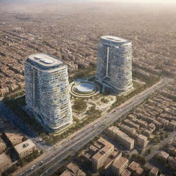 A futuristic Casablanca, Morocco integrated with urban air mobility. Cityscape featuring sustainable, developed architecture and cutting-edge air transport solutions interwoven with traditional Moroccan elements.