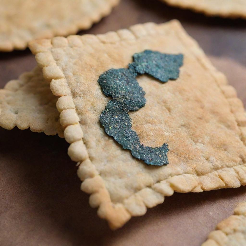 An intricate, close-up image of krupuk, a traditional Indonesian airy, crispy cracker. Details illustrate imperfections in texture, subtle color variances, and the oil-slick glisten unique to this delicious snack.