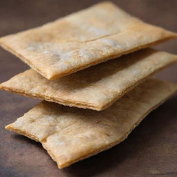 An intricate, close-up image of krupuk, a traditional Indonesian airy, crispy cracker. Details illustrate imperfections in texture, subtle color variances, and the oil-slick glisten unique to this delicious snack.