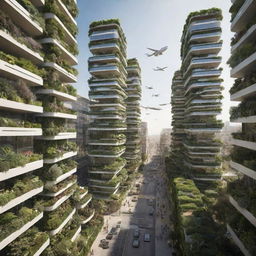 A futuristic vision of Casablanca, Morocco integrating urban air mobility solutions, incorporating sustainable and developed city elements, filled with vertical gardens, solar panels and flying vehicles.