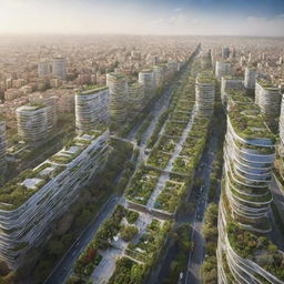 A futuristic vision of Casablanca, Morocco integrating urban air mobility solutions, incorporating sustainable and developed city elements, filled with vertical gardens, solar panels and flying vehicles.