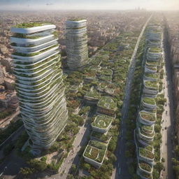 A futuristic vision of Casablanca, Morocco integrating urban air mobility solutions, incorporating sustainable and developed city elements, filled with vertical gardens, solar panels and flying vehicles.