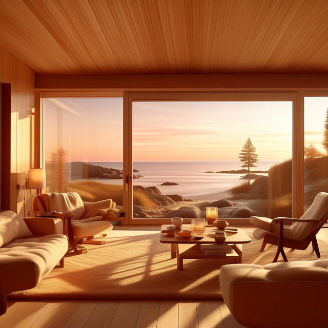 Create a warm tone coastal living room image that combines elements of ray tracing, cabincore, Danish design, coastal scenes, monolithic structures, and American modernism. The image should be in 4:3 aspect ratio.