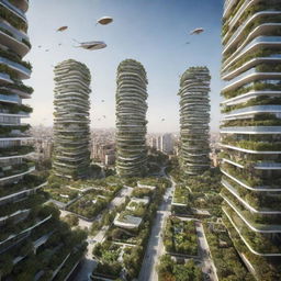 A futuristic vision of Casablanca, Morocco integrating urban air mobility solutions, incorporating sustainable and developed city elements, filled with vertical gardens, solar panels and flying vehicles.