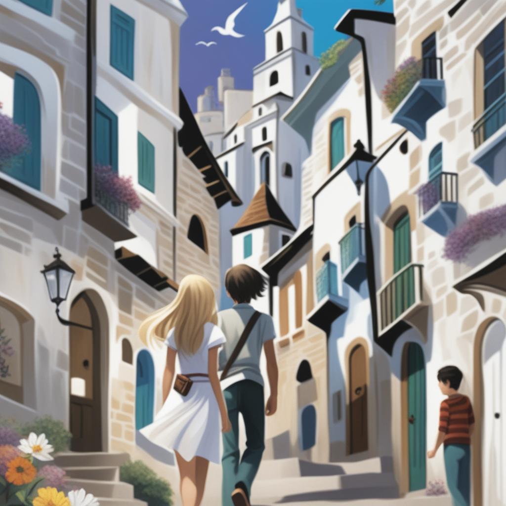 A digital art fantasy book cover for teenagers featuring an old town on a hill with white stone buildings adorned with colored petals, narrow streets, and shady arches