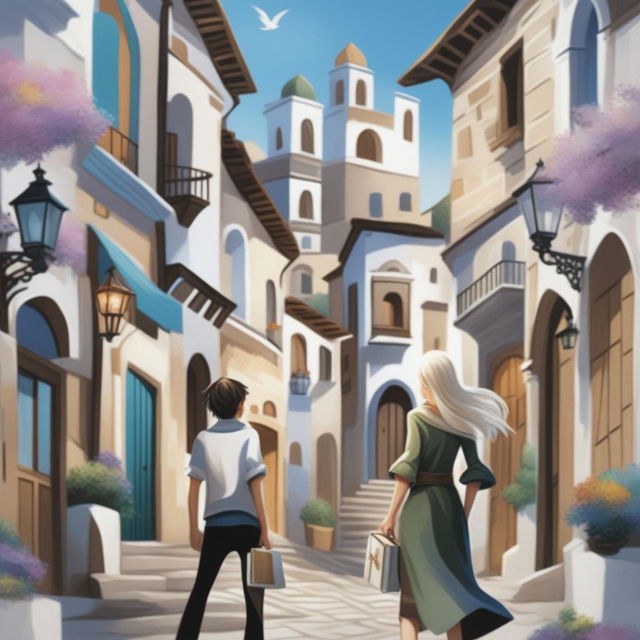 A digital art fantasy book cover for teenagers featuring an old town on a hill with white stone buildings adorned with colored petals, narrow streets, and shady arches