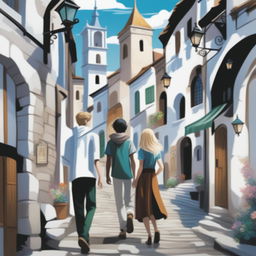 A digital art fantasy book cover for teenagers featuring an old town on a hill with white stone buildings adorned with colored petals, narrow streets, and shady arches