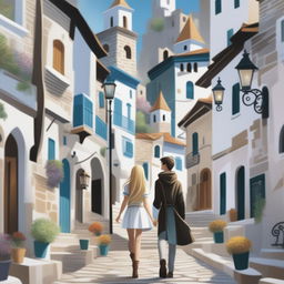 A digital art fantasy book cover for teenagers featuring an old town on a hill with white stone buildings adorned with colored petals, narrow streets, and shady arches