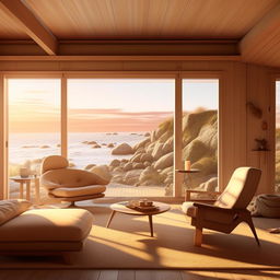 Create a warm tone coastal living room image that combines elements of ray tracing, cabincore, Danish design, coastal scenes, monolithic structures, and American modernism. The image should be in 4:3 aspect ratio.