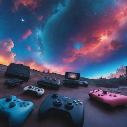 A breathtaking wide-angle view of a vibrant astronomical sky, featuring gaming elements such as controllers, joysticks, and pixelated clouds. Use multidimensional colours to portray the whimsical essence of video games.