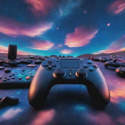 A breathtaking wide-angle view of a vibrant astronomical sky, featuring gaming elements such as controllers, joysticks, and pixelated clouds. Use multidimensional colours to portray the whimsical essence of video games.