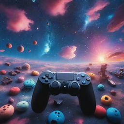 A breathtaking wide-angle view of a vibrant astronomical sky, featuring gaming elements such as controllers, joysticks, and pixelated clouds. Use multidimensional colours to portray the whimsical essence of video games.