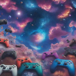 A breathtaking wide-angle view of a vibrant astronomical sky, featuring gaming elements such as controllers, joysticks, and pixelated clouds. Use multidimensional colours to portray the whimsical essence of video games.