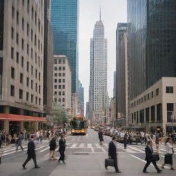 A bustling metropolitan business district, featuring towering skyscrapers filled with modern offices, pedestrians in formal business attire, busy cafes, and typical city transportation