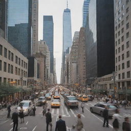 A bustling metropolitan business district, featuring towering skyscrapers filled with modern offices, pedestrians in formal business attire, busy cafes, and typical city transportation