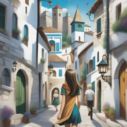 A digital art fantasy book cover for teenagers featuring an old town on a hill with white stone buildings, narrow streets, and shady arches