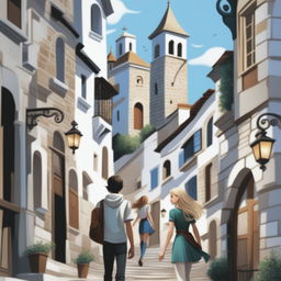 A digital art fantasy book cover for teenagers featuring an old town on a hill with white stone buildings, narrow streets, and shady arches