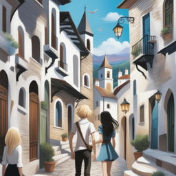 A digital art fantasy book cover for teenagers featuring an old town on a hill with white stone buildings, narrow streets, and shady arches