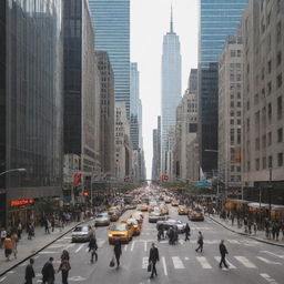 A bustling metropolitan business district, featuring towering skyscrapers filled with modern offices, pedestrians in formal business attire, busy cafes, and typical city transportation