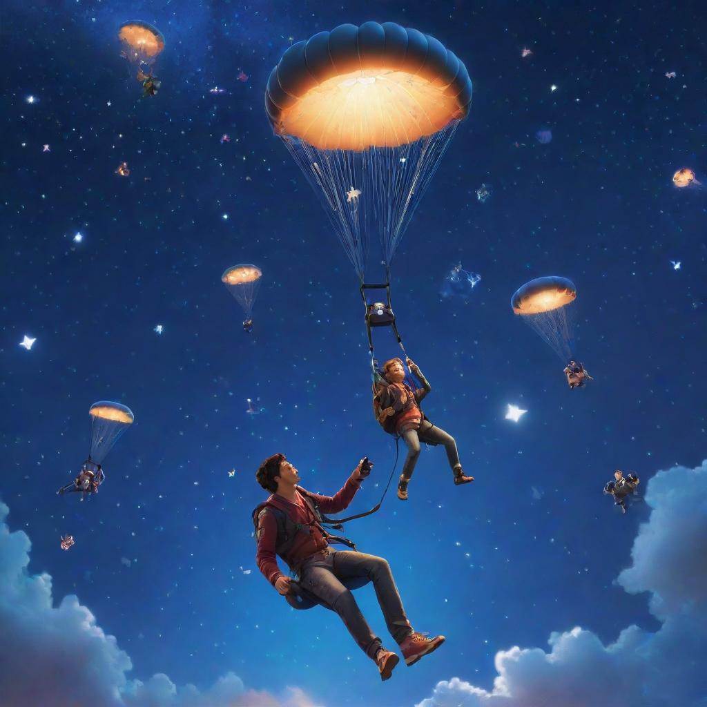 A playful scene featuring digital avatar gamers parachuting from the star-studded night sky, with controllers in hand. Emit a magical and adventurous atmosphere.