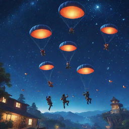 A playful scene featuring digital avatar gamers parachuting from the star-studded night sky, with controllers in hand. Emit a magical and adventurous atmosphere.