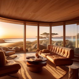 Create a warm tone coastal living room image that combines elements of ray tracing, cabincore, Danish design, coastal scenes, monolithic structures, and American modernism. The image should be in 4:3 aspect ratio.